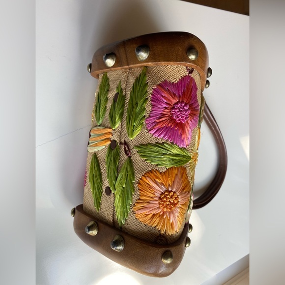 SOLD - Vintage Boho Raffia Woven Straw Floral Wooden Box Bag Purse Cabana - Picture 5 of 13